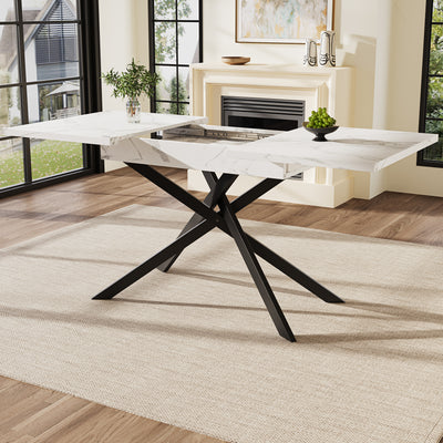 Table de Salle à Manger Extensible Blanc & Noir Effet Marbre avec Pieds en Croix Métalliques (120-160cm) ZEX.