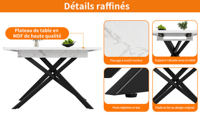 Table de Salle à Manger Extensible Blanc & Noir Effet Marbre avec Pieds en Croix Métalliques (120-160cm) ZEX.