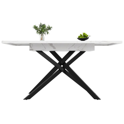 Table de Salle à Manger Extensible Blanc & Noir Effet Marbre avec Pieds en Croix Métalliques (120-160cm) ZEX.