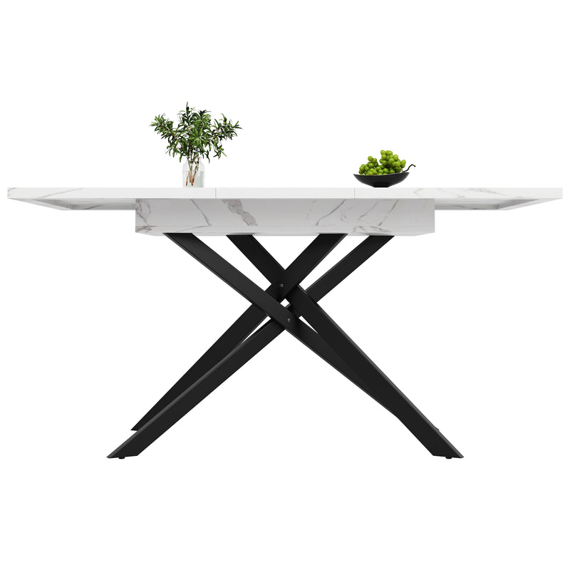 Table de Salle à Manger Extensible Blanc & Noir Effet Marbre avec Pieds en Croix Métalliques (120-160cm) ZEX.