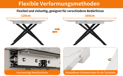 Table de Salle à Manger Extensible Blanc & Noir Effet Marbre avec Pieds en Croix Métalliques (120-160cm) ZEX.