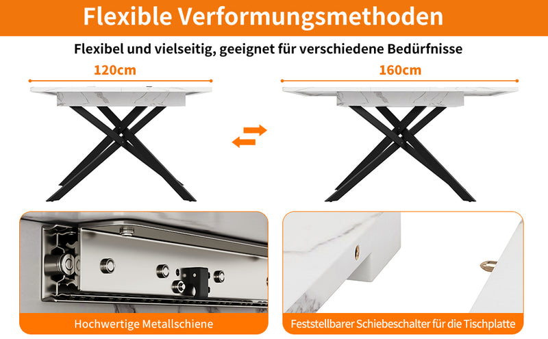 Table de Salle à Manger Extensible Blanc & Noir Effet Marbre avec Pieds en Croix Métalliques (120-160cm) ZEX.