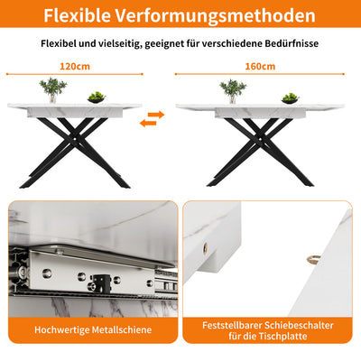Table de Salle à Manger Extensible Blanc & Noir Effet Marbre avec Pieds en Croix Métalliques (120-160cm) ZEX.