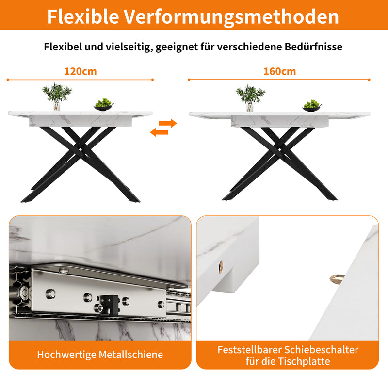 Table de Salle à Manger Extensible Blanc & Noir Effet Marbre avec Pieds en Croix Métalliques (120-160cm) ZEX.