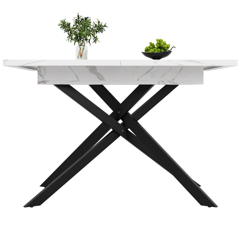 Table de Salle à Manger Extensible Blanc & Noir Effet Marbre avec Pieds en Croix Métalliques (120-160cm) ZEX.