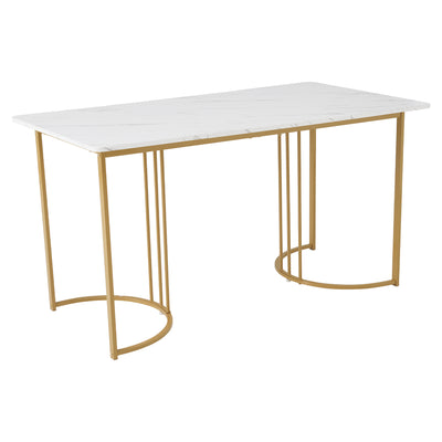 Table de Salle à Manger Rectangulaire Blanche Effet Marbre avec Piètement Métallique Ajustable (140x80x75cm) ZUNCAX