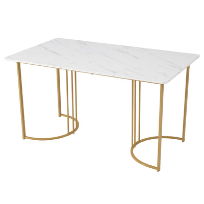 Table de Salle à Manger Rectangulaire Blanche Effet Marbre avec Piètement Métallique Ajustable (140x80x75cm) ZUNCAX