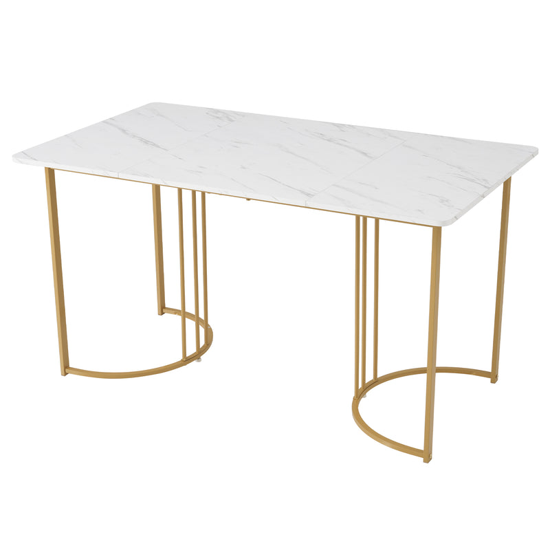 Table de Salle à Manger Rectangulaire Blanche Effet Marbre avec Piètement Métallique Ajustable (140x80x75cm) ZUNCAX