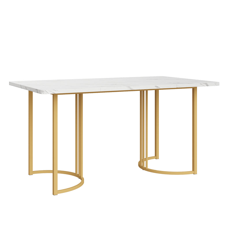 Table de Salle à Manger Rectangulaire Blanche Effet Marbre avec Piètement Métallique Ajustable (140x80x75cm) ZUNCAX