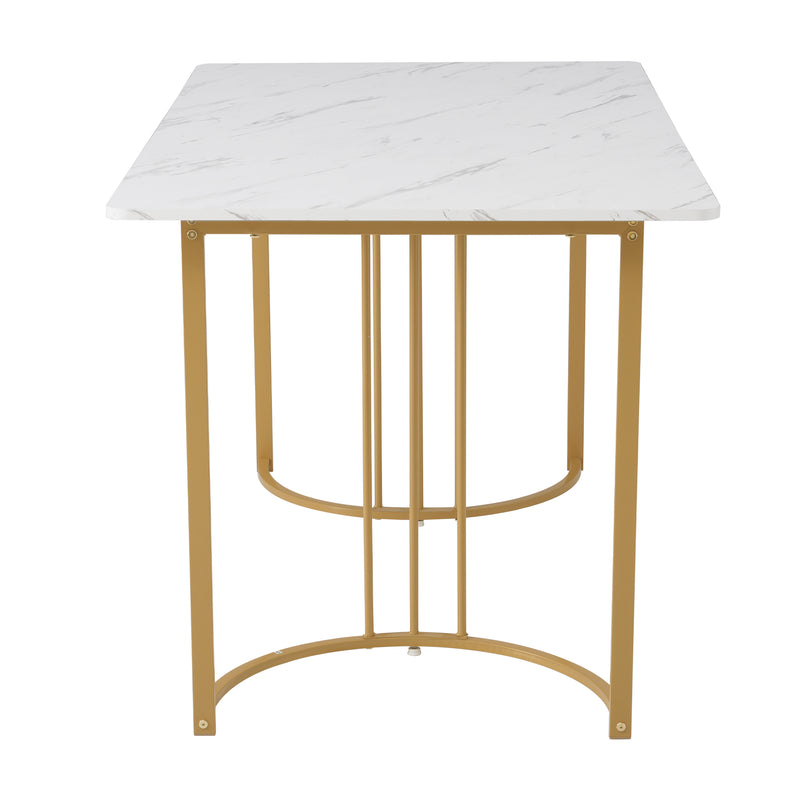 Table de Salle à Manger Rectangulaire Blanche Effet Marbre avec Piètement Métallique Ajustable (140x80x75cm) ZUNCAX