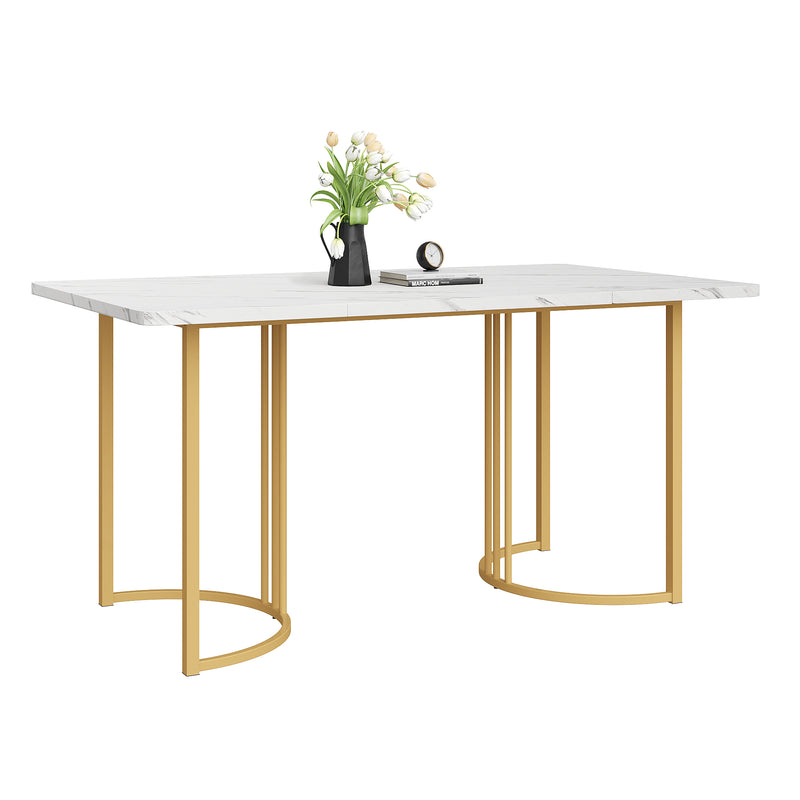 Table de Salle à Manger Rectangulaire Blanche Effet Marbre avec Piètement Métallique Ajustable (140x80x75cm) ZUNCAX