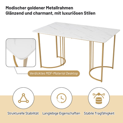 Table de Salle à Manger Rectangulaire Blanche Effet Marbre avec Piètement Métallique Ajustable (140x80x75cm) ZUNCAX
