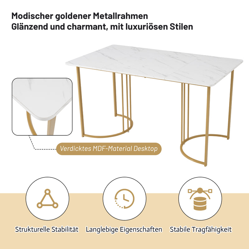 Table de Salle à Manger Rectangulaire Blanche Effet Marbre avec Piètement Métallique Ajustable (140x80x75cm) ZUNCAX