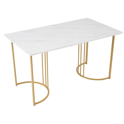 Table de Salle à Manger Rectangulaire Blanche Effet Marbre avec Piètement Métallique Ajustable (140x80x75cm) ZUNCAX