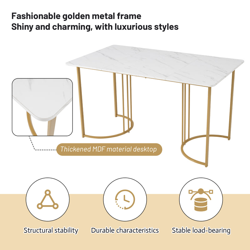 Table de Salle à Manger Rectangulaire Blanche Effet Marbre avec Piètement Métallique Ajustable (140x80x75cm) ZUNCAX
