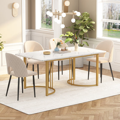 Table de Salle à Manger Rectangulaire Blanche Effet Marbre avec Piètement Métallique Ajustable (140x80x75cm) ZUNCAX