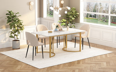 Table de Salle à Manger Rectangulaire Blanche Effet Marbre avec Piètement Métallique Ajustable (140x80x75cm) ZUNCAX