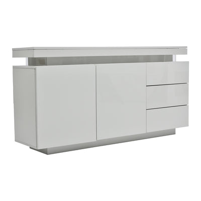 Buffet Blanc Laqué Brillant avec LED Contrôlée par Application, 3 Tiroirs et 2 Armoires pour Rangement Moderne ZUSTRONS.