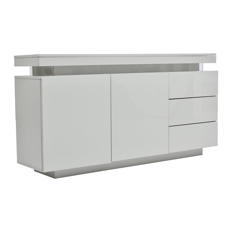 Buffet Blanc Laqué Brillant avec LED Contrôlée par Application, 3 Tiroirs et 2 Armoires pour Rangement Moderne ZUSTRONS.