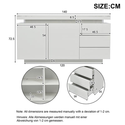 Buffet Blanc Laqué Brillant avec LED Contrôlée par Application, 3 Tiroirs et 2 Armoires pour Rangement Moderne ZUSTRONS.