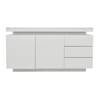 Buffet Blanc Laqué Brillant avec LED Contrôlée par Application, 3 Tiroirs et 2 Armoires pour Rangement Moderne ZUSTRONS.