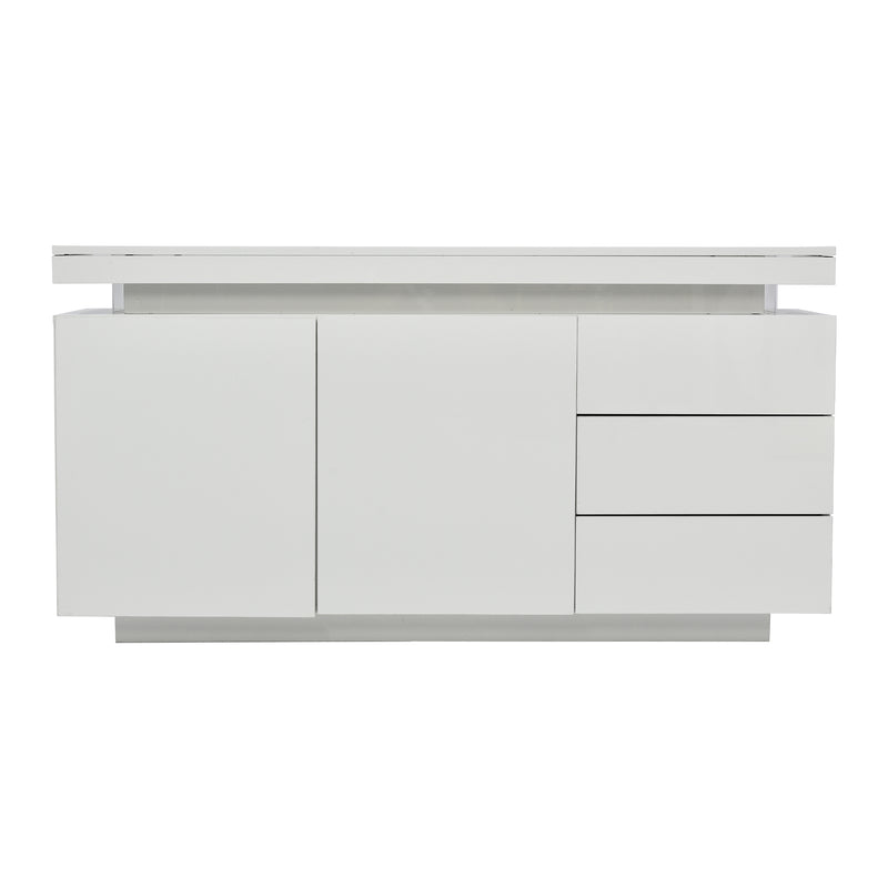Buffet Blanc Laqué Brillant avec LED Contrôlée par Application, 3 Tiroirs et 2 Armoires pour Rangement Moderne ZUSTRONS.