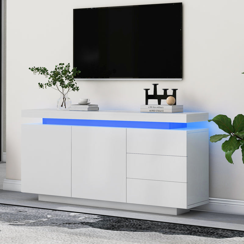 Buffet Blanc Laqué Brillant avec LED Contrôlée par Application, 3 Tiroirs et 2 Armoires pour Rangement Moderne ZUSTRONS.