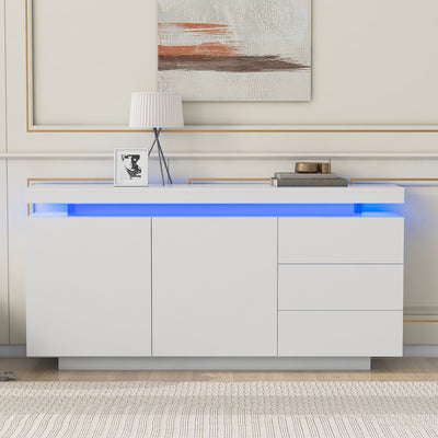 Buffet Blanc Laqué Brillant avec LED Contrôlée par Application, 3 Tiroirs et 2 Armoires pour Rangement Moderne ZUSTRONS.
