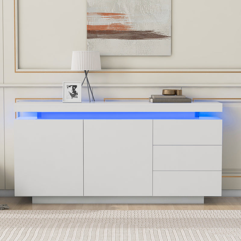 Buffet Blanc Laqué Brillant avec LED Contrôlée par Application, 3 Tiroirs et 2 Armoires pour Rangement Moderne ZUSTRONS.
