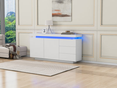 Buffet Blanc Laqué Brillant avec LED Contrôlée par Application, 3 Tiroirs et 2 Armoires pour Rangement Moderne ZUSTRONS.