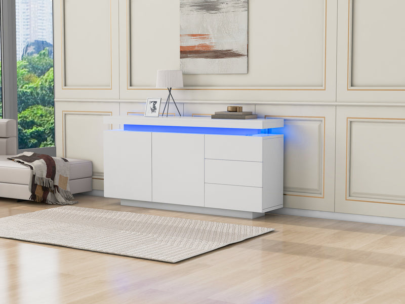 Buffet Blanc Laqué Brillant avec LED Contrôlée par Application, 3 Tiroirs et 2 Armoires pour Rangement Moderne ZUSTRONS.