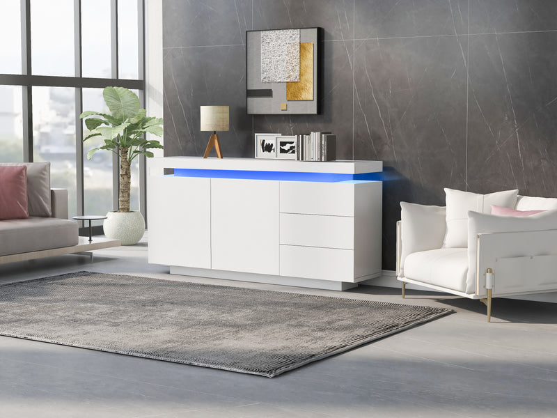 Buffet Blanc Laqué Brillant avec LED Contrôlée par Application, 3 Tiroirs et 2 Armoires pour Rangement Moderne ZUSTRONS.