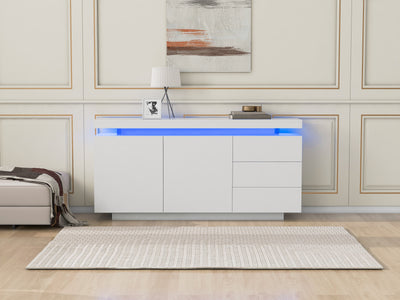 Buffet Blanc Laqué Brillant avec LED Contrôlée par Application, 3 Tiroirs et 2 Armoires pour Rangement Moderne ZUSTRONS.