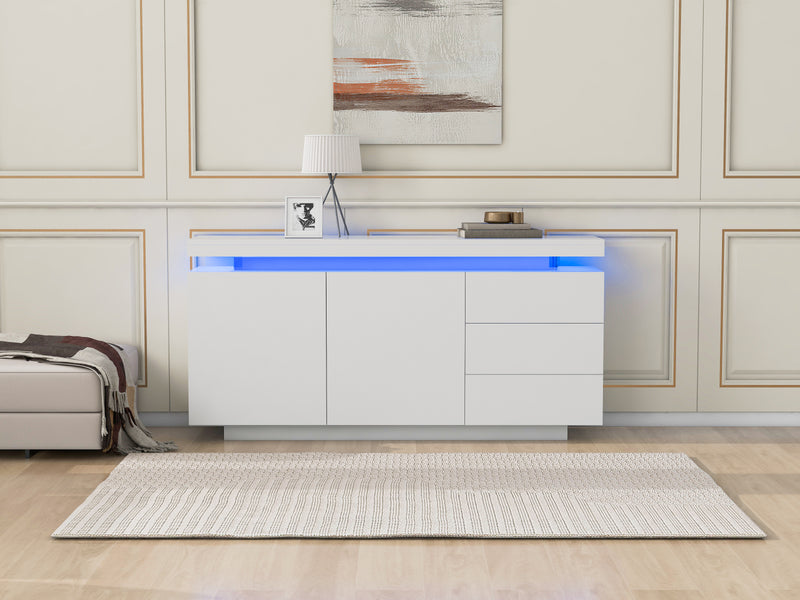 Buffet Blanc Laqué Brillant avec LED Contrôlée par Application, 3 Tiroirs et 2 Armoires pour Rangement Moderne ZUSTRONS.