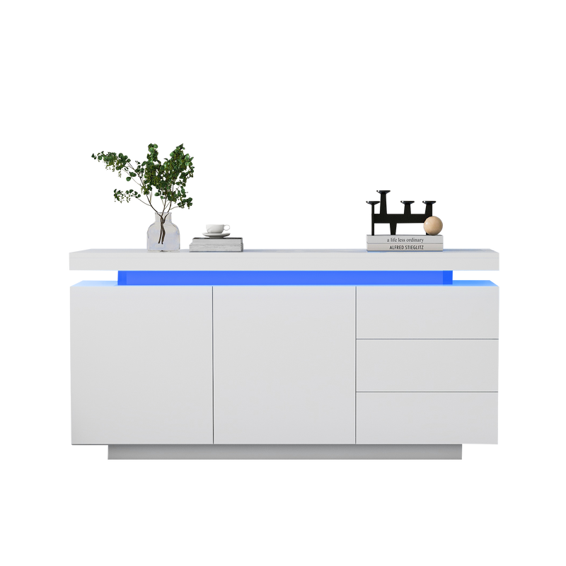 Buffet Blanc Laqué Brillant avec LED Contrôlée par Application, 3 Tiroirs et 2 Armoires pour Rangement Moderne ZUSTRONS.