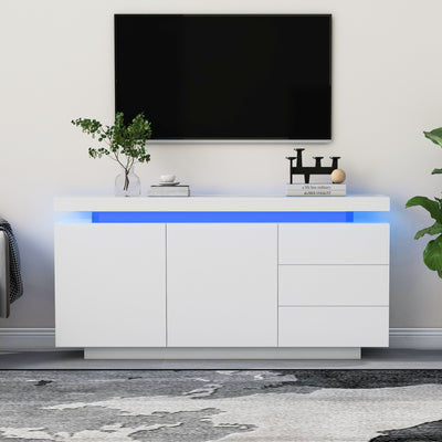 Buffet Blanc Laqué Brillant avec LED Contrôlée par Application, 3 Tiroirs et 2 Armoires pour Rangement Moderne ZUSTRONS.