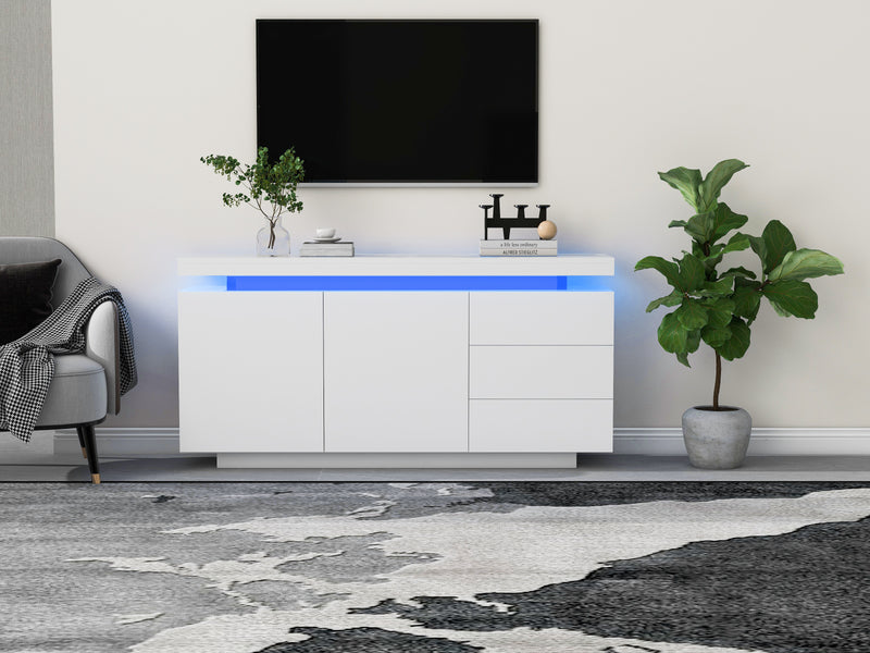 Buffet Blanc Laqué Brillant avec LED Contrôlée par Application, 3 Tiroirs et 2 Armoires pour Rangement Moderne ZUSTRONS.