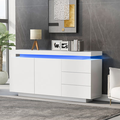 Buffet Blanc Laqué Brillant avec LED Contrôlée par Application, 3 Tiroirs et 2 Armoires pour Rangement Moderne ZUSTRONS.