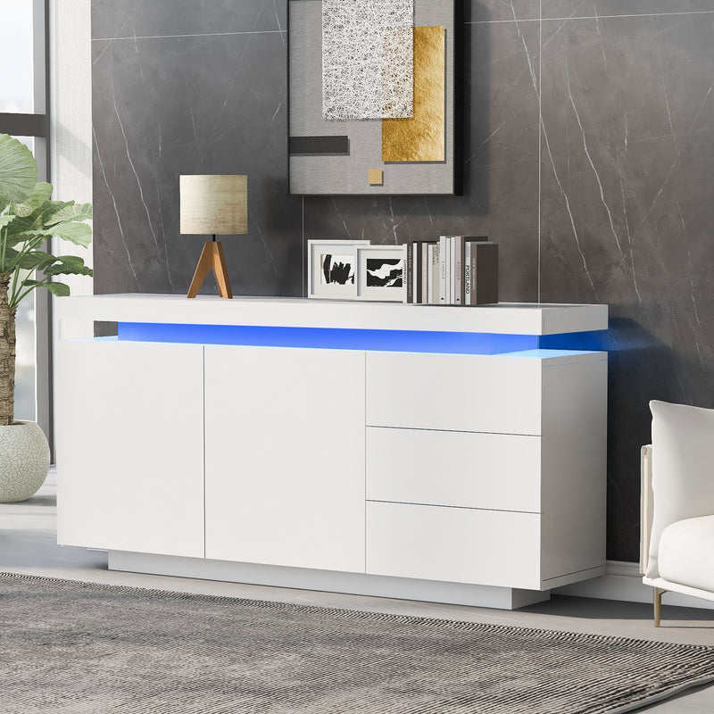 Buffet Blanc Laqué Brillant avec LED Contrôlée par Application, 3 Tiroirs et 2 Armoires pour Rangement Moderne ZUSTRONS.