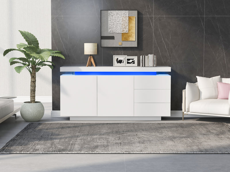 Buffet Blanc Laqué Brillant avec LED Contrôlée par Application, 3 Tiroirs et 2 Armoires pour Rangement Moderne ZUSTRONS.