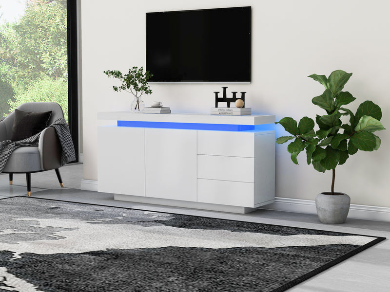 Buffet Blanc Laqué Brillant avec LED Contrôlée par Application, 3 Tiroirs et 2 Armoires pour Rangement Moderne ZUSTRONS.