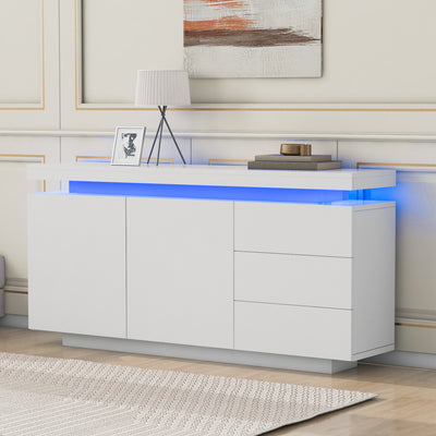 Buffet Blanc Laqué Brillant avec LED Contrôlée par Application, 3 Tiroirs et 2 Armoires pour Rangement Moderne ZUSTRONS.