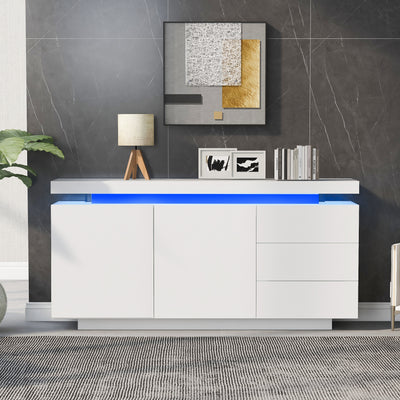 Buffet Blanc Laqué Brillant avec LED Contrôlée par Application, 3 Tiroirs et 2 Armoires pour Rangement Moderne ZUSTRONS.
