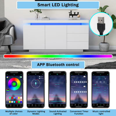 Buffet Blanc Laqué Brillant avec LED Contrôlée par Application, 3 Tiroirs et 2 Armoires pour Rangement Moderne ZUSTRONS.