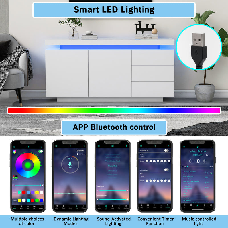 Buffet Blanc Laqué Brillant avec LED Contrôlée par Application, 3 Tiroirs et 2 Armoires pour Rangement Moderne ZUSTRONS.
