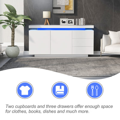 Buffet Blanc Laqué Brillant avec LED Contrôlée par Application, 3 Tiroirs et 2 Armoires pour Rangement Moderne ZUSTRONS.