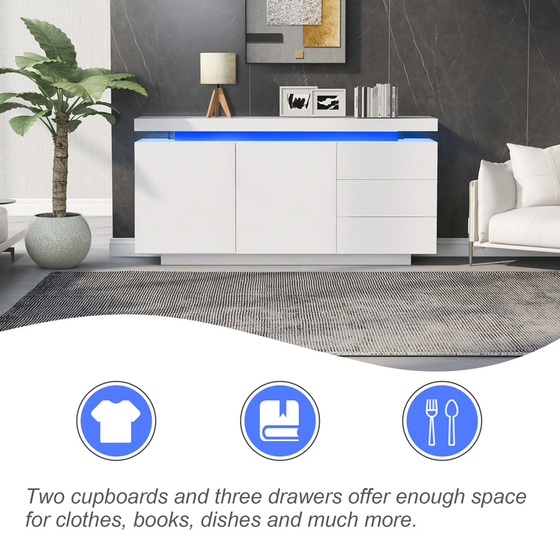 Buffet Blanc Laqué Brillant avec LED Contrôlée par Application, 3 Tiroirs et 2 Armoires pour Rangement Moderne ZUSTRONS.