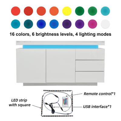 Buffet Blanc Laqué Brillant avec LED Contrôlée par Application, 3 Tiroirs et 2 Armoires pour Rangement Moderne ZUSTRONS.