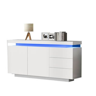 Buffet Blanc Laqué Brillant avec LED Contrôlée par Application, 3 Tiroirs et 2 Armoires pour Rangement Moderne ZUSTRONS.