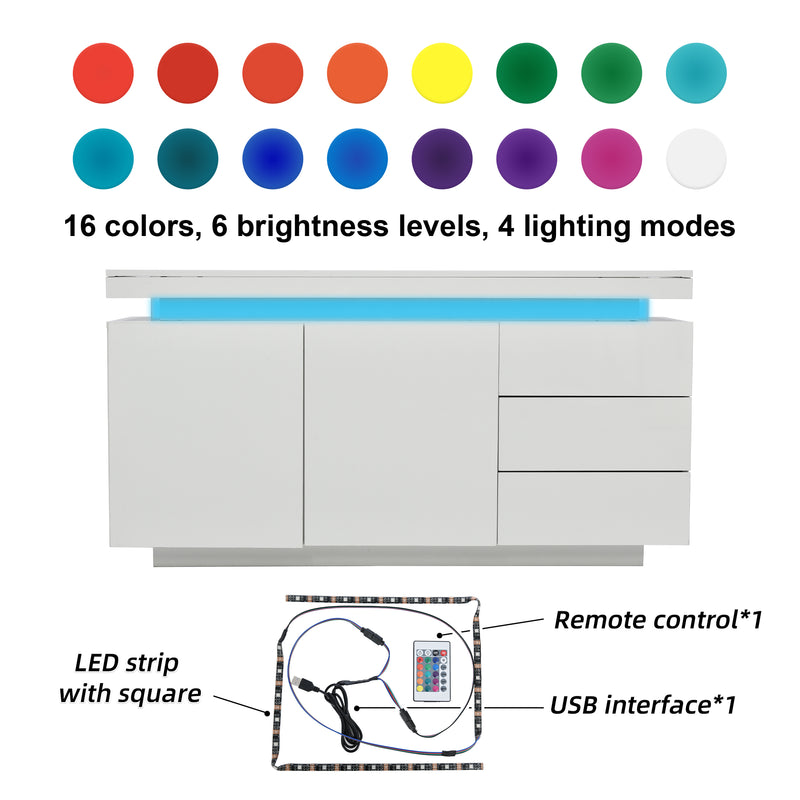Buffet Blanc Laqué Brillant avec LED Contrôlée par Application, 3 Tiroirs et 2 Armoires pour Rangement Moderne ZUSTRONS.